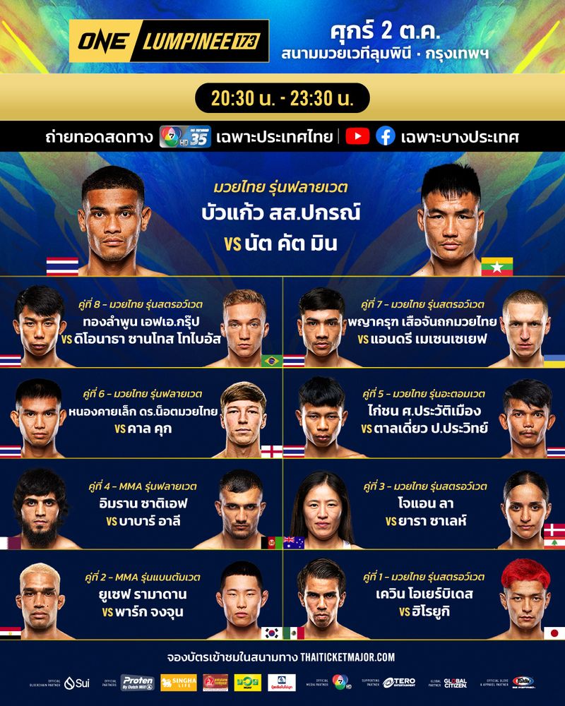 โปรแกรมมวย ONE ลุมพินี 173 : บัวแก้ว สส.ปกรณ์ vs นัต คัต มิน ลิงก์ดูสด ดูออนไลน์ ถ่ายทอดสด